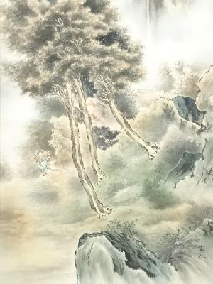 道具 ] - 道具 大野英山筆 山渓深秋 彩色山水 肉筆絹本掛軸（共箱